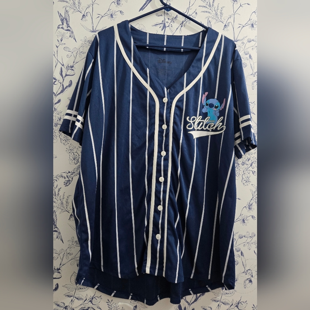 Disney Stitch Blue Striped Button-Up Shirt Jersey